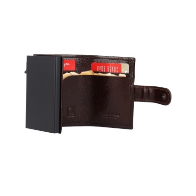 Carteira castanha em pele com fecho de aba aberta com cartões e notas