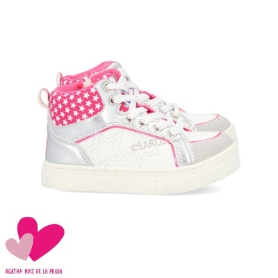 Ténis infantis de cano alto em branco, rosa e prateado com estrelas