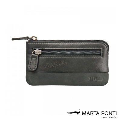 Carteira ou porta-moedas preto em couro com dois fechos de correr