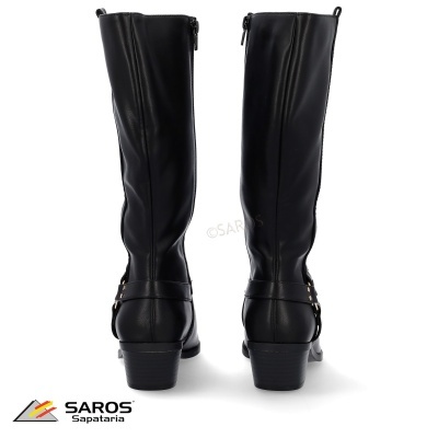 Botas pretas de salto médio em couro sintético com fecho atrás