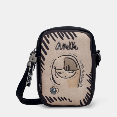 Bolsa pequena de ombro Anekke castanha com ilustração e texto