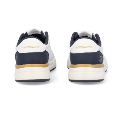 Sapatilhas brancas e azul-marinho vista traseira com logo S