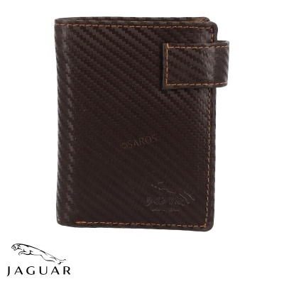 Carteira masculina de couro castanho com fecho e logo Jaguar gravado