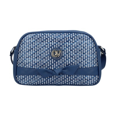 Mala pequena azul com padrão trançado branco e azul e laço