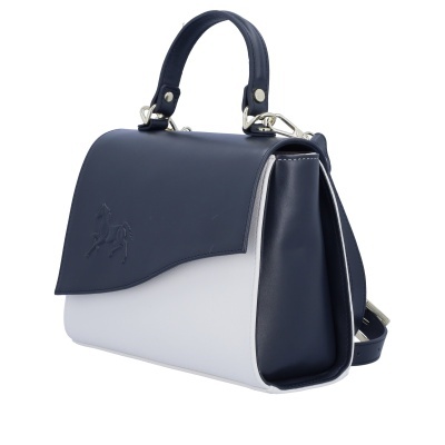 Mala bicolor azul escuro e branco com relevo de cavalo