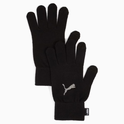 Par de luvas pretas de tecido com logo Puma prateado e ponta dos dedos para ecrã tátil.