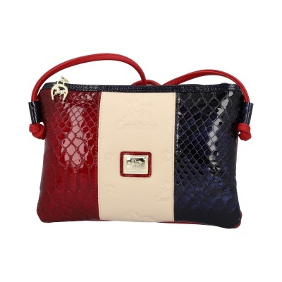 Mala pequena Cavalinho em vermelho, creme e azul escuro com padrão pele de cobra brilhante