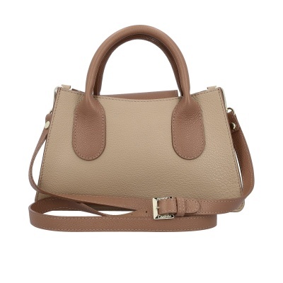 Mala de mão em couro bege e castanho com alça ajustável e fivela dourada