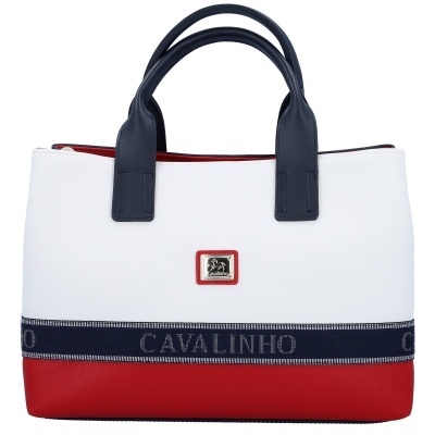 Bolsa de mão branca com base vermelha e alças azuis