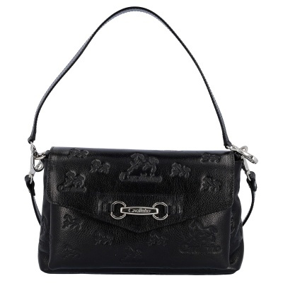 Mala preta de couro com padrão em relevo e detalhe metálico prateado com texto cavalinho