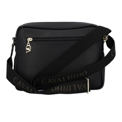 Mala tiracolo preta com alça larga preta e texto CAVALINHO dourado.
