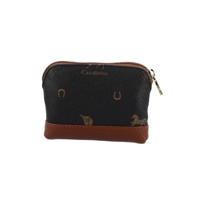 Carteira pequena preta com padrão de ferraduras e cavalos castanhos e fecho metálico