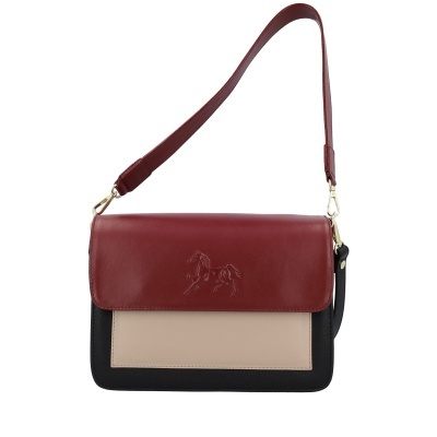 Mala de ombro em couro tricolor com relevo de cavalo na aba