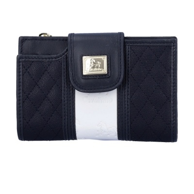 Carteira preta com faixa branca e relevo de cavalos com texto Cavalinho