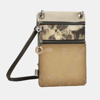 Bolsa pequena tiracolo bege e castanha com padrão animal print e fechos de correr