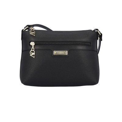 Mala preta com alça e detalhes dourados, placa Cavalinho