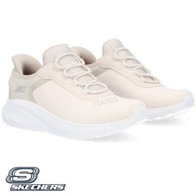 Ténis Skechers femininos creme com sola branca e malha