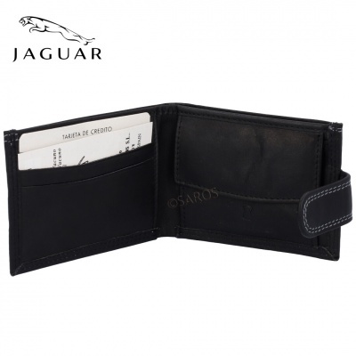 Carteira preta em pele Jaguar aberta com divisórias para cartões e moedas