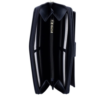 Carteira ou porta-moedas azul escuro vista de cima com fecho aberto