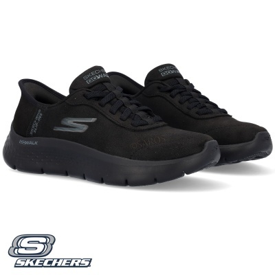 Sapatilhas pretas Skechers Go Walk com sola preta e logo cinza.