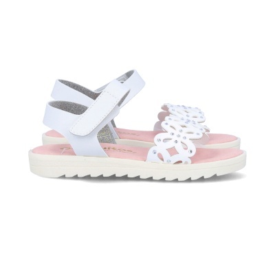 Sandálias brancas de criança com palmilha rosa e aplicações brilhantes