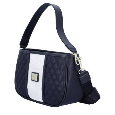 Mala de senhora azul e branca com etiqueta metálica e alça destacável