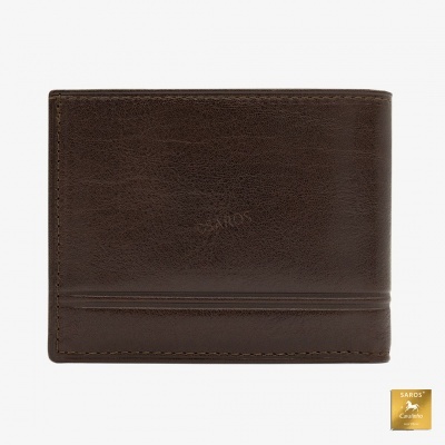 Carteira de couro castanho escuro com textura lisa e costura visível