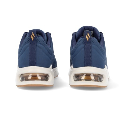 sapatilhas desportivas azuis vistas de costas com sola branca e câmara de ar