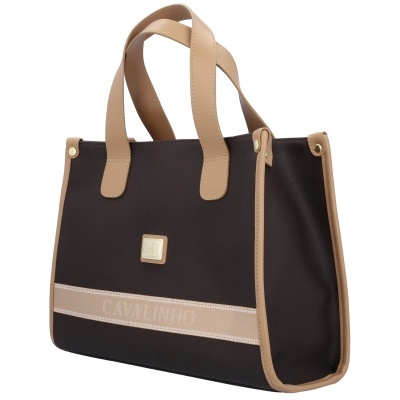 Mala tipo saco castanha escura com alças e acabamento em bege e detalhe com texto CAVALINHO