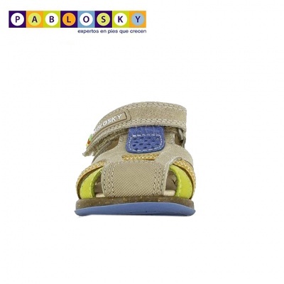 Sandália de criança bege, azul e verde com velcro da marca Pablosky