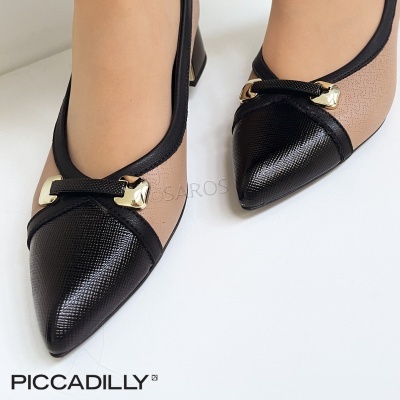 Sapatos PICCADILLY bege e preto com bico fino e detalhes dourados