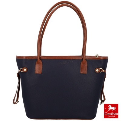 Mala tote azul escuro com detalhes castanhos e alças longas da marca Cavalinho