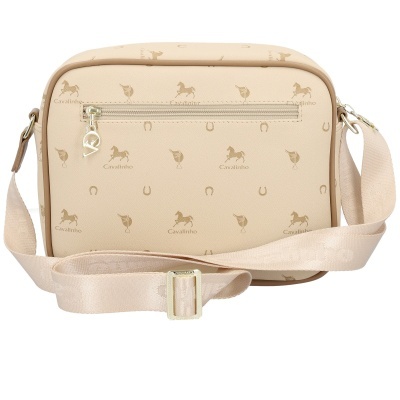 Bolsa bege com estampado dourado e alça ajustável