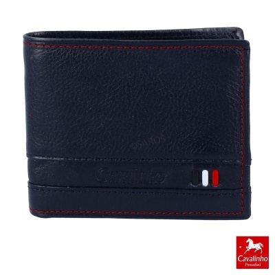 Carteira de couro azul escuro com costuras vermelhas e detalhe tricolor