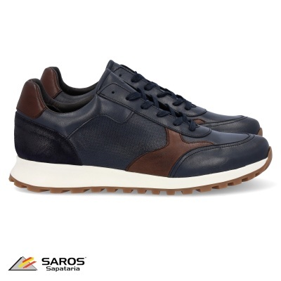 Sapatilhas de couro azul e castanho com sola branca e castanha