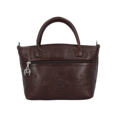 Mala de mão castanho escuro em pele com padrão embossado de cavalos e fecho de correr frontal