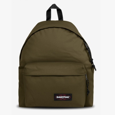 Mochila verde-oliva com bolso frontal e etiqueta EASTPAK