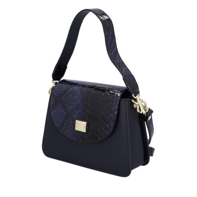 Mala de senhora preta com detalhes em pele de cobra azul escuro e fecho dourado