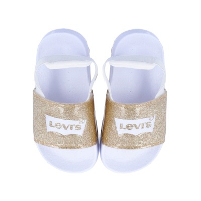 Chinelos Levis brancos com tira dourada brilhante e logótipo Levis