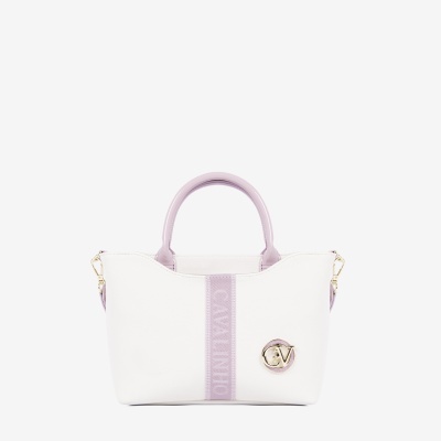 Mala de mão branca com alças e faixa lilás e logotipo dourado