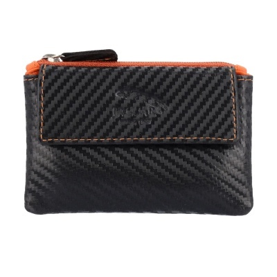 Carteira preta com padrão de carbono e costura laranja
