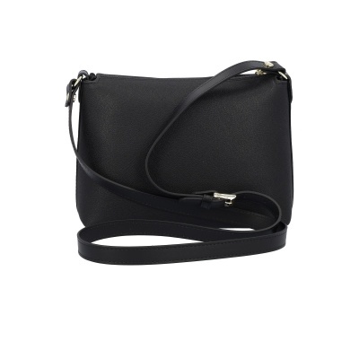 Mala tiracolo preta em material sintético com textura lisa