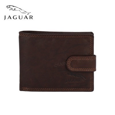 Carteira masculina em pele castanho escuro da marca Jaguar com fecho de aba.