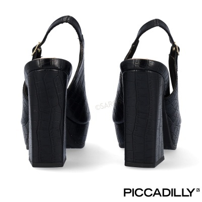 Sandálias pretas de salto alto com padrão croco e tira ajustável atrás