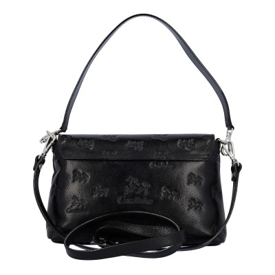 Mala preta em couro com padrão em relevo de cavalos e alças em couro