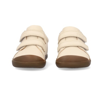 Sapatilhas infantis bege com solado castanho e fecho em velcro