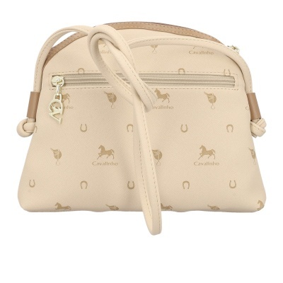 Bolsa pequena bege com padrão de cavalos e ferraduras e fecho frontal.