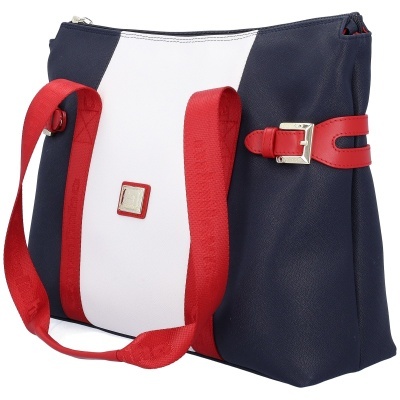 Mala de ombro azul escuro com faixa branca e alças vermelhas