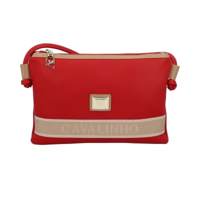 Bolsa vermelha com detalhes bege e etiqueta Cavalinho