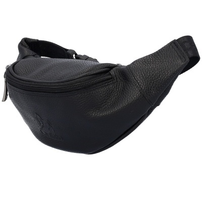 Pochete preta de material semelhante a couro com fecho de correr